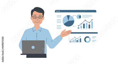 Man with laptop presenting graphs on screen with light blue shirt
