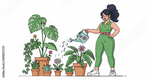 Woman in a green jumpsuit watering her collection of indoor plants.