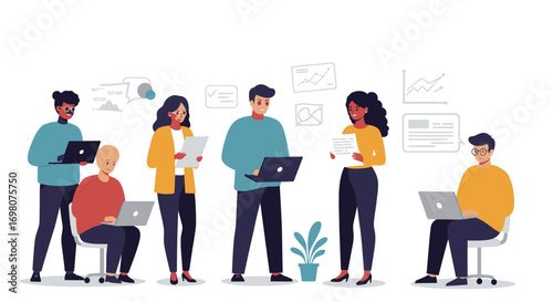 Six people in office setting use laptops  paper documents indicators potted plant