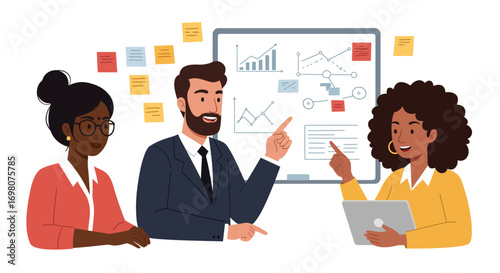 Three colleagues in a meeting discussing business plans on a whiteboard