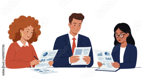 Three individuals review documents with charts wearing business attire