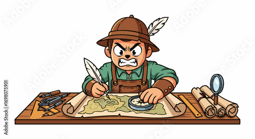 Angry explorer studying ancient map with quill and compass on wooden desk.