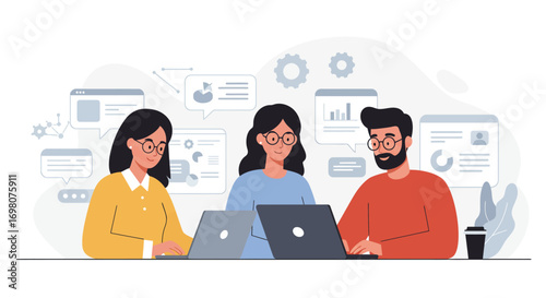 Three people work on laptops Behind them are charts gears and userinterface designs