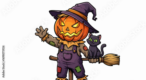 Halloween Scarecrow with Pumpkin Head and Black Cat.