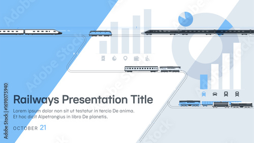 Presentation cover template on passenger and freight rail transportation. The railway network, trains, and diagrams are shown abstractly. All the elements are in separate layers and are fully editable