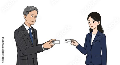 Two business people exchanging business cards