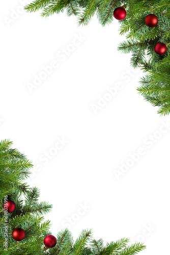 Vertical Frame, Christmas tree branches with balls in PNG isolated on transparent background