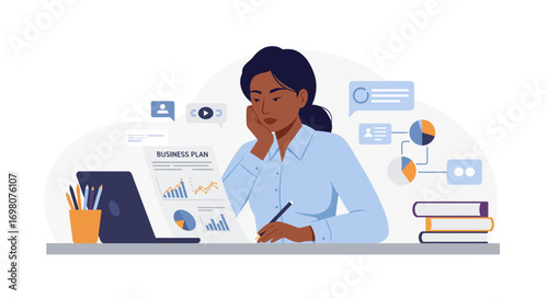 Woman studying business plan with graphs diagrams laptop pens books and various data icons