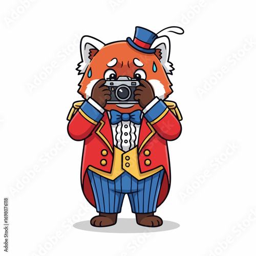 Cute red panda ringmaster taking a picture with a vintage camera illustration.