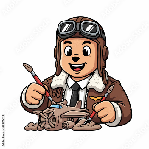 Adorable Cartoon Bear Pilot Painting Model Airplane.