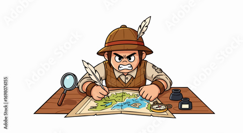Angry Cartoon Explorer Drawing Map with Quill Pen.