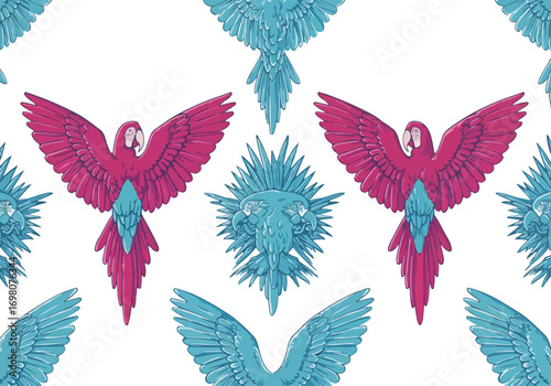 Stylized seamless pattern of flying magenta parrots and turquoise tribal sun masks.