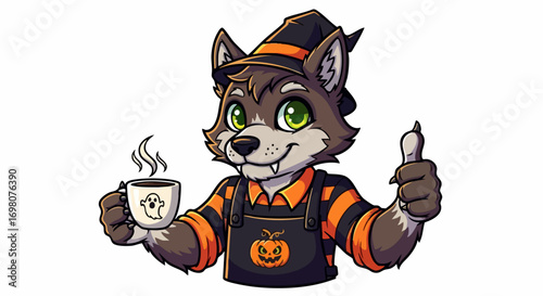 Cute cartoon wolf character in Halloween costume holding a coffee cup and giving a thumbs up.