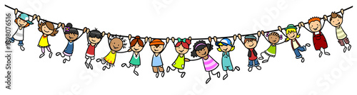 Gruppe Cartoon Kinder hängt an Leine als Trennlinie