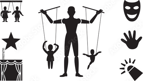 Puppet Master Silhouette Icon Set Control Manipulation Theatre Performance Design