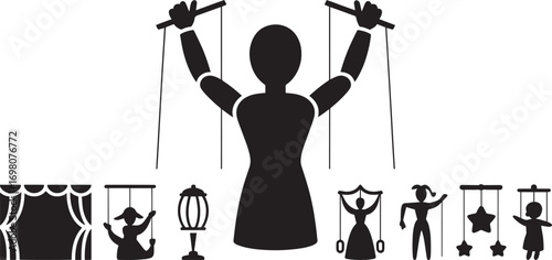 Puppet Master Silhouette with Marionettes and Stage Curtains for Theatrical Performance