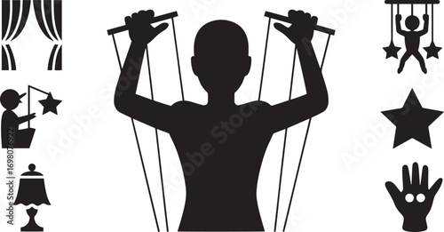 Puppet Master Silhouette with Marionettes, Stage Curtains, and Star for Theatrical Show