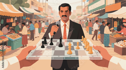 illustration of a politician who is an expert in chess with a traditional market background vector design template
