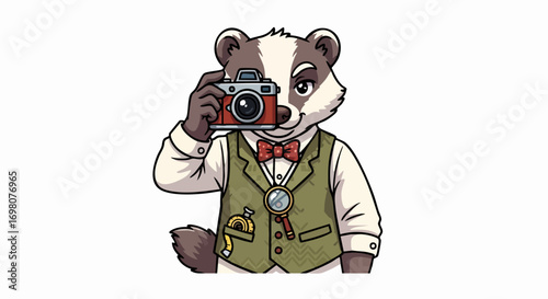 Badger Photographer Cartoon Character with Vintage Camera.