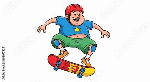 Cartoon boy skateboarding with protective gear and a star on his shirt.