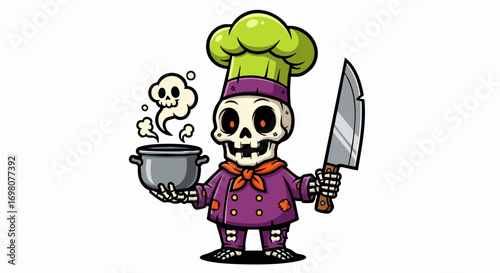 Cartoon Skeleton Chef with Pot and Knife.
