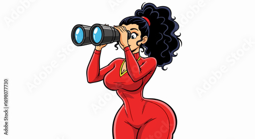 Curvy Woman in Red Jumpsuit Using Binoculars.
