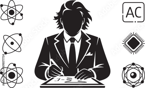 Scientist Innovator Silhouette with Atomic Structure and Microchip Iconography on Transparent Backdrop