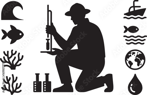 Scientist Silhouette Conducting Water Analysis with Marine Life Icons on Clear Background