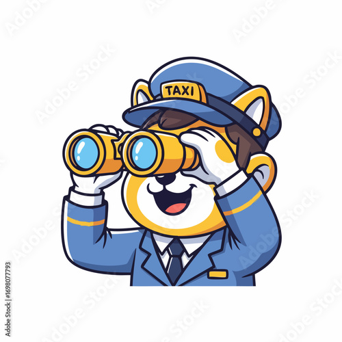 Cute Shiba Inu Dog Wearing Taxi Driver Uniform Looking Through Binoculars.