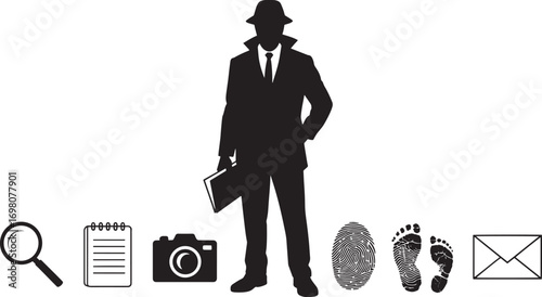 Silhouette of a Detective with Evidence Icons on Transparent Background for Crime Investigation
