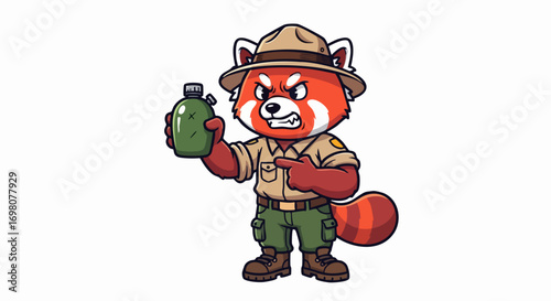 Angry Red Panda Park Ranger Cartoon Character with Canteen.