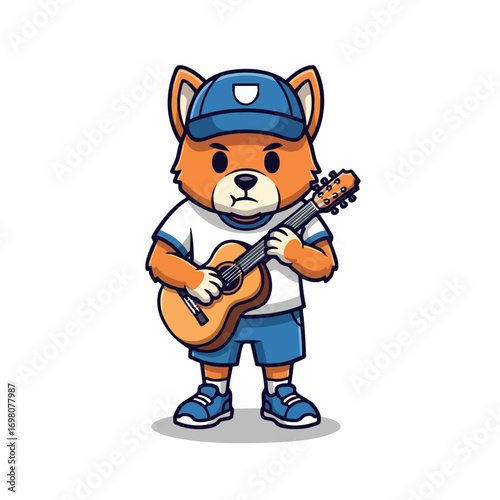 Cute Cartoon Fox Playing Acoustic Guitar.