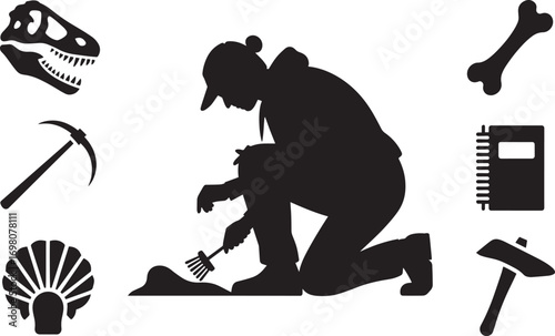 Silhouette of a Paleontologist Excavating Fossils with Tools and Dinosaur Bone Icons