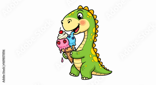 Cute green dinosaur enjoying a delicious ice cream cone.