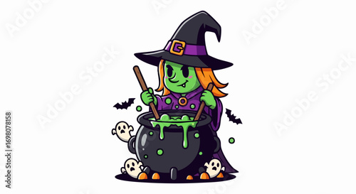 Cartoon Witch Stirring Cauldron with Ghosts and Bats.