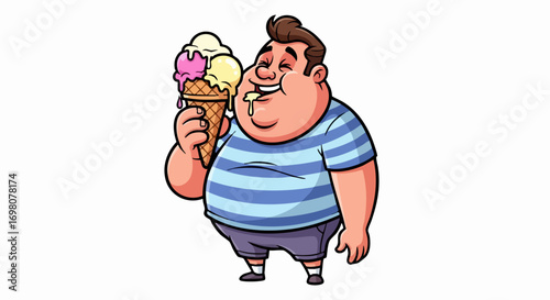 Cartoon Overweight Man Enjoying a Large Ice Cream Cone.
