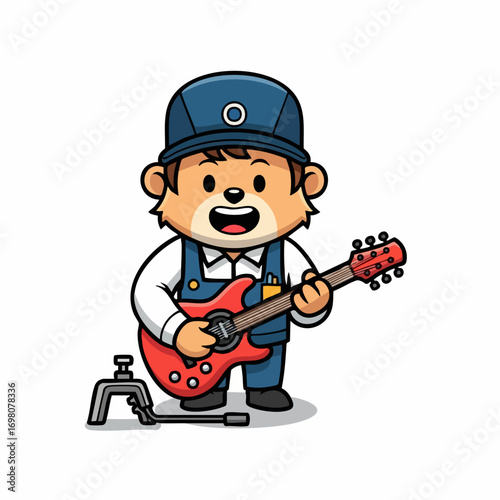 Cartoon Bear Musician Playing Electric Guitar with Tools.