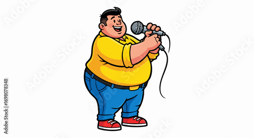 Cartoon of a joyful, overweight man singing with a microphone.