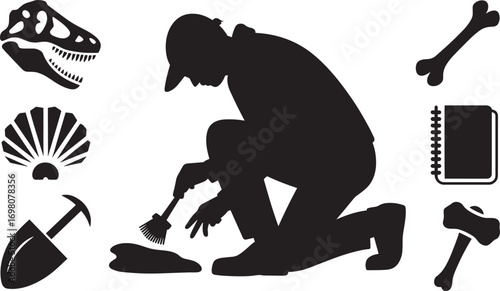 Silhouette of a Paleontologist Excavating Fossils with Tools and Dinosaur Bone Icons