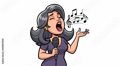 Woman singing into a microphone with musical notes.