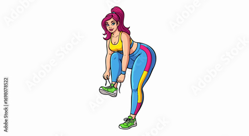 Plus Size Woman Tying Shoe Laces in Colorful Activewear.