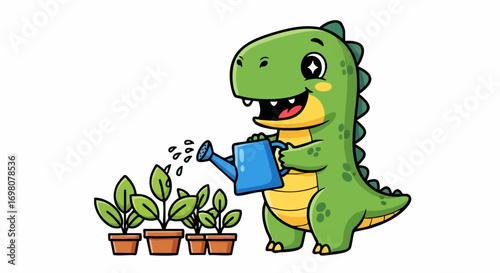 Cute green cartoon dinosaur watering potted plants.