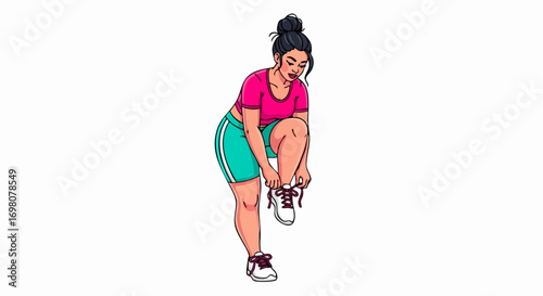 Woman preparing for a run, tying her shoelaces before workout session.