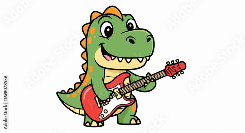 Cartoon Dinosaur Playing Electric Guitar with a Smile.