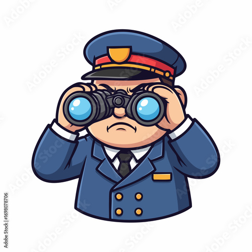 Cartoon Police Officer Looking Through Binoculars.