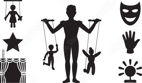 Silhouette of Puppeteer with Marionettes, Masks, and Stage Elements for Performance Art
