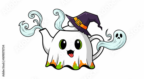 Cute Halloween Teapot Ghost with Witch Hat and Spooky Spirits.