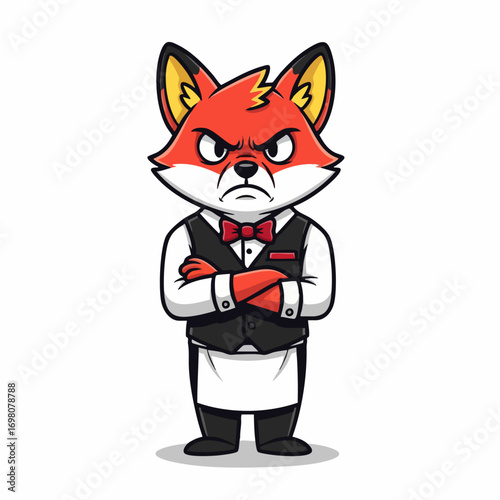 Cartoon illustration of an angry fox waiter with a bow tie.