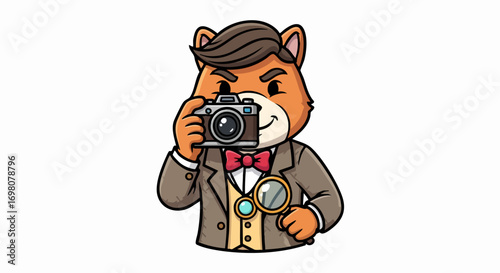 Cartoon Animal Photographer with Camera and Magnifying Glass.