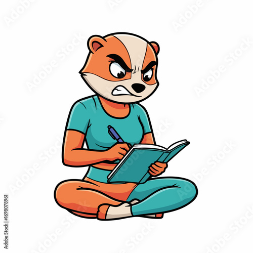 Angry Female Otter Cartoon Character Writing in Notebook.